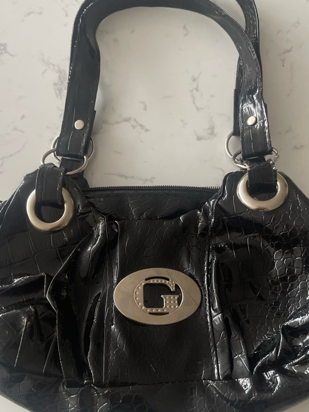 Guess Black Patent Croc-Embossed Shoulder Bag with Silver Hardware